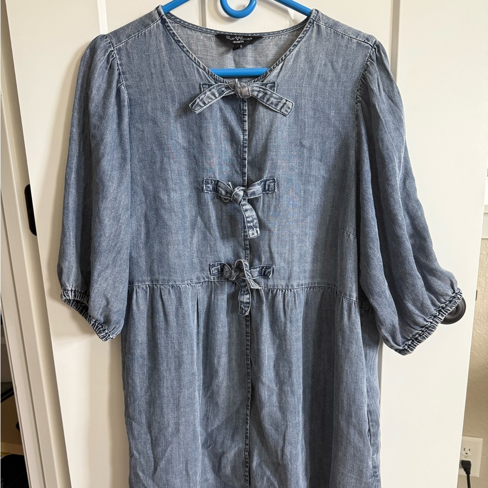 Velvet Heart-Blue Denim Dress with Bow Detail